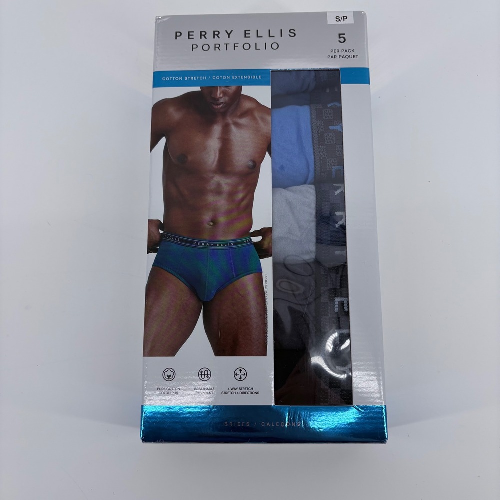 Perry Ellis Mens Briefs Cotton Stretch 5 Pack Small No Roll Waistband Portfolio